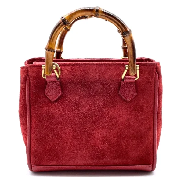 SALE! Gucci Red Suede Mini Satchel Handbag/Shoulder Bag W Bamboo Handles & Strap - Picture 2 of 16